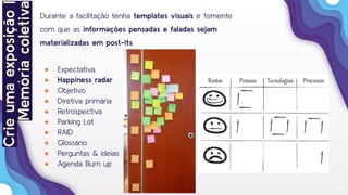 19
Durante a facilitação tenha templates visuais e fomente
com que as informações pensadas e faladas sejam
materializadas em post-its.
● Expectativa
● Happiness radar
● Objetivo
● Diretiva primária
● Retrospectiva
● Parking Lot
● RAID
● Glossário
● Perguntas & ideias
● Agenda Burn up
Crieumaexposição|
Memóriacoletiva
 