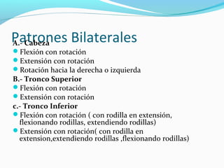 Patrones BilateralesA.- Cabeza
Flexión con rotación
Extensión con rotación
Rotación hacia la derecha o izquierda
B.- Tronco Superior
Flexión con rotación
Extensión con rotación
c.- Tronco Inferior
Flexión con rotación ( con rodilla en extensión,
flexionando rodillas, extendiendo rodillas)
Extensión con rotación( con rodilla en
extension,extendiendo rodillas ,flexionando rodillas)
 