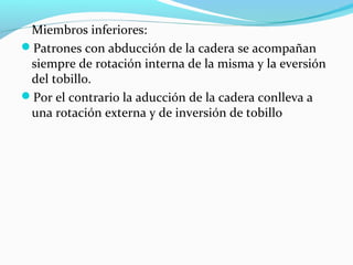 Miembros inferiores:
Patrones con abducción de la cadera se acompañan
siempre de rotación interna de la misma y la eversión
del tobillo.
Por el contrario la aducción de la cadera conlleva a
una rotación externa y de inversión de tobillo
 