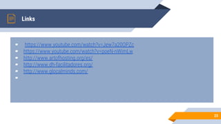 Links
▰ https://www.youtube.com/watch?v=Jew7a20OPZc
▰ https://www.youtube.com/watch?v=poeN-nWimLw
▰ http://www.artofhosting.org/es/
▰ http://www.dh-facilitadores.org/
▰ http://www.glocalminds.com/
▰
23
 