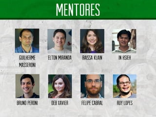 Guilherme masseroni 
mentores 
Elton miranda 
Raissaklain 
In hsieh 
Bruno peroni 
Deb xavier 
Felipe cabral 
Ruylopes  