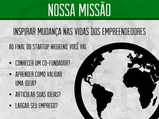 NOSSA MISSÃO 
INSPIRArMUDANÇA NAS VIDAS DOS EMPREENDEDORESAofinal do Startup Weekend, vocêvai: •Conhecerum co-fundador? •Aprendercomovalidarumaideia? •Articular suasideias? •Largarseuemprego?  