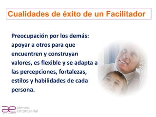 Cualidades de éxito de un Facilitador

             Preocupación por los demás:
             apoyar a otros para que
             encuentren y construyan
             valores, es flexible y se adapta a
             las percepciones, fortalezas,
             estilos y habilidades de cada
             persona.


RIF. J - 29648233- 0
 