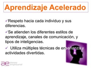 Aprendizaje Acelerado
         Respeto hacia cada individuo y sus
         diferencias.
         Se atienden los diferentes estilos de
         aprendizaje, canales de comunicación, y
         tipos de inteligencias.
          Utiliza múltiples técnicas de enseñanza y
         actividades divertidas.

RIF. J - 29648233- 0
 