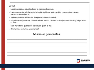 Lo vital:
- La comunicación planificada es la madre del cambio.
- La comunicación a lo largo de la implantación de todo cambio, nos requiere trabajo,
paciencia y constancia.
- Todo lo creamos dos veces, y la primera es en la mente.
- Un plan de implantación comunicado es básico. “Planea tu ataque, comunícalo y luego ataca
tu plan”
- Más importante que lo que se dijo; es quien lo dijo.
- ¡Comunica, comunica y comunica!
Mis notas personales
 