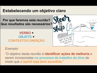 Estabelecendo um objetivo claro
Por que faremos esta reunião?
Que resultados são necessários?
Exemplo:
“O objetivo desta reunião é identificar ações de melhoria a
serem incorporadas no processo de trabalho do time de
modo que a sprint seja bem sucedida.”
VERBO +
OBJETO +
CONTEXTO/CONDIÇÃO
 