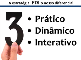 A estratégia PDI o nosso diferencial
• Prático
• Dinâmico
• Interativo
 