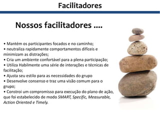 Facilitadores
Nossos facilitadores ....
• Mantém os participantes focados e no caminho;
• neutraliza rapidamente comportamentos difíceis e
minimizam as distrações;
• Cria um ambiente confortável para a plena participação;
• Utiliza Habilmente uma série de interações e técnicas de
facilitação;
• Ajusta seu estilo para as necessidades do grupo
• Desenvolve consenso e traz uma visão comum para o
grupo;
• Constroi um compromisso para execução do plano de ação,
que foi estabelecido de modo SMART, Specific, Measurable,
Action Oriented e Timely.
 