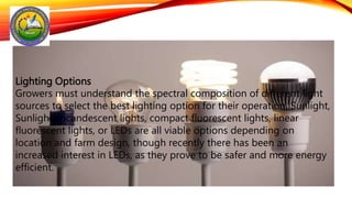 Lighting Options
Growers must understand the spectral composition of different light
sources to select the best lighting option for their operation. Sunlight,
Sunlight, incandescent lights, compact fluorescent lights, linear
fluorescent lights, or LEDs are all viable options depending on
location and farm design, though recently there has been an
increased interest in LEDs, as they prove to be safer and more energy
efficient.
 