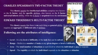 Following are the attributes of intelligence:
• Level – It is the level of difficulty of the task that can be solved.
• Range – Refers to a number of tasks at any given degree or level of difficulty.
• Area – The total number of situations at each level to which the individual is able to respond.
• Speed – The rapidity at which the individual responds to the situation or stimulus.
Charles Spearman's Two-factor Theory
This theory asserts that intellectual abilities comprise two factors – one, general ability
or the G factor, and the specific abilities, also known as the S factor. The G factor is a
universal inborn ability, while the S factor is acquired from the environment.
Edward Thorndike's Multi-factor Theory
This theory asserts that there is no such thing as general ability. It says that each mental ability
requires an aggregate of different sets of abilities.
 