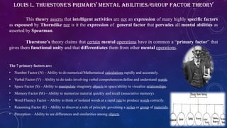The 7 primary factors are:
• Number Factor (N) – Ability to do numerical/Mathematical calculations rapidly and accurately.
• Verbal Factor (V) – Ability to do tasks involving verbal comprehension/define and understand words.
• Space Factor (S) – Ability to manipulate imaginary objects in space/ability to visualize relationships.
• Memory Factor (M) – Ability to memorize material quickly and recall (associative memory).
• Word Fluency Factor – Ability to think of isolated words at a rapid rate/to produce words correctly.
• Reasoning Factor (E) – Ability to discover a rule of principle governing a series or group of materials.
• Perception – Ability to see differences and similarities among objects.
Louis L. Thurstone's Primary Mental Abilities/Group Factor Theory
This theory asserts that intelligent activities are not an expression of many highly specific factors
as espoused by Thorndike nor is it the expression of general factor that pervades all mental abilities as
asserted by Spearman.
Thurstone’s theory claims that certain mental operations have in common a “primary factor” that
gives them functional unity and that differentiates them from other mental operations.
 