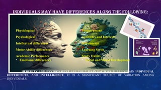 INDIVIDUALS MAY HAVE DIFFERENCES ALONG THE FOLLOWING:
Physiological
Psychological
Intellectual differences
Motor Ability differences
Academic Performance
• Emotional differences
Temperament
Aptitudes and Interests
Self-concept
Learning Styles
Study Habits
• Social and Moral Development
HEREDITY AND ENVIRONMENT ARE THE 2 MAIN FACTORS THAT EXPLAIN INDIVIDUAL
DIFFERENCES, AND INTELLIGENCE, IT IS A SIGNIFICANT SOURCE OF VARIATION AMONG
INDIVIDUALS.
 