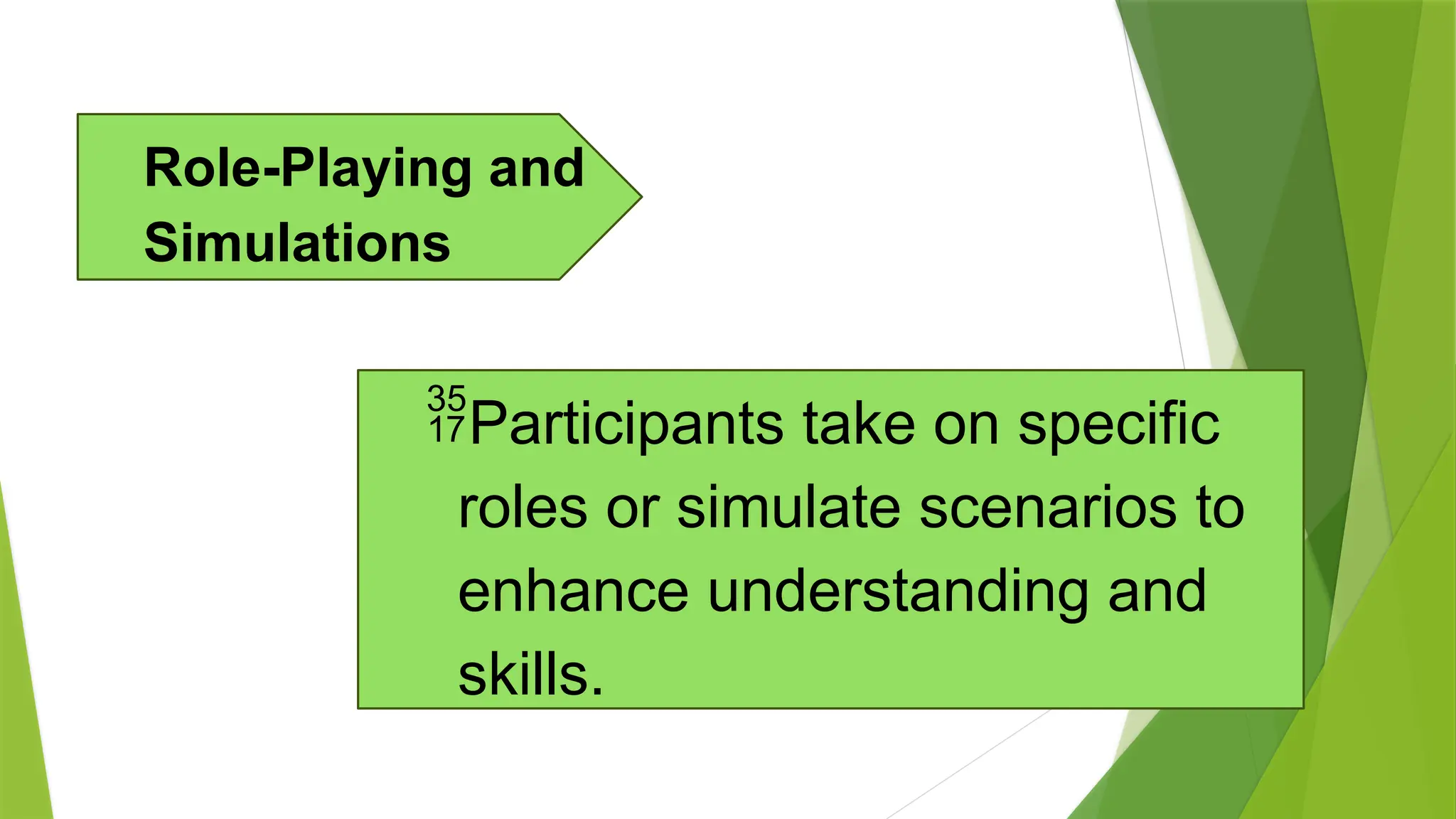 Participants take on specific
roles or simulate scenarios to
enhance understanding and
skills.
Role-Playing and
Simulations
 