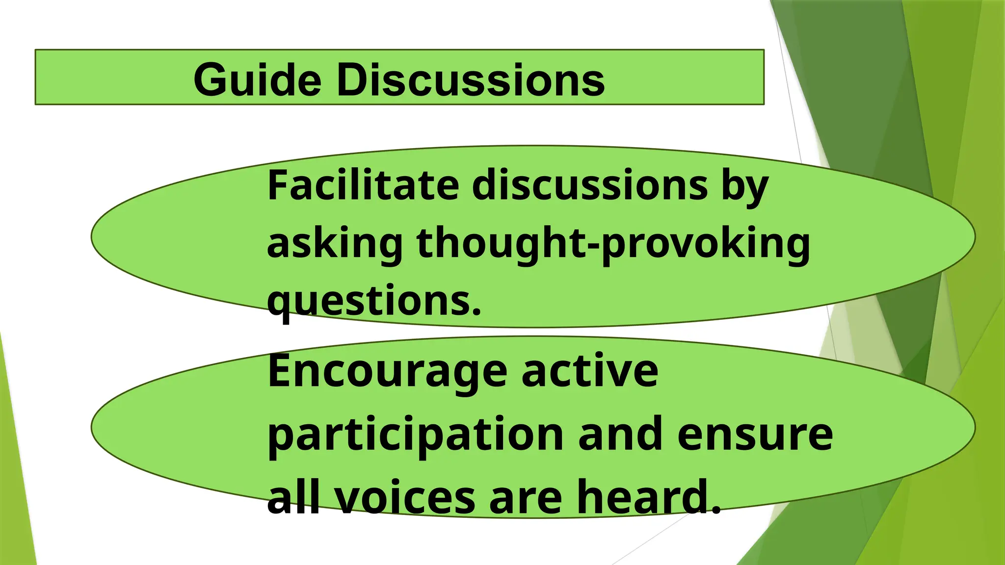 Encourage active
participation and ensure
all voices are heard.
Facilitate discussions by
asking thought-provoking
questions.
Guide Discussions
 