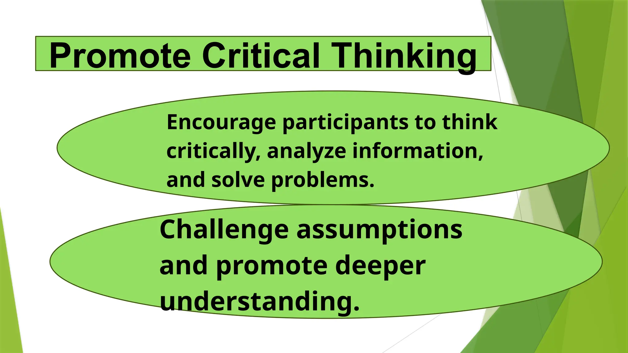 Challenge assumptions
and promote deeper
understanding.
Encourage participants to think
critically, analyze information,
and solve problems.
Promote Critical Thinking
 