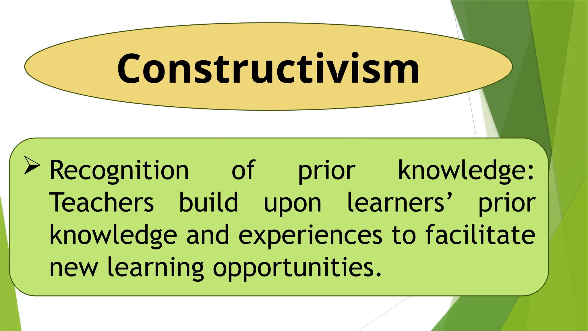 Constructivism
 Recognition of prior knowledge:
Teachers build upon learners’ prior
knowledge and experiences to facilitate
new learning opportunities.
 
