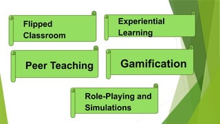 Flipped
Classroom
Gamification
Experiential
Learning
Peer Teaching
Role-Playing and
Simulations
 