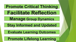 Facilitate Reflection
Promote Critical Thinking
Manage Group Dynamics
Stay Informed and Updated
Evaluate Learning Outcomes
Promote Lifelong Learning
 