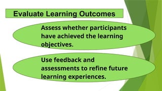 Use feedback and
assessments to refine future
learning experiences.
Assess whether participants
have achieved the learning
objectives.
Evaluate Learning Outcomes
 