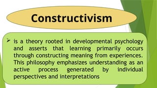 Constructivism
 is a theory rooted in developmental psychology
and asserts that learning primarily occurs
through constructing meaning from experiences.
This philosophy emphasizes understanding as an
active process generated by individual
perspectives and interpretations
 
