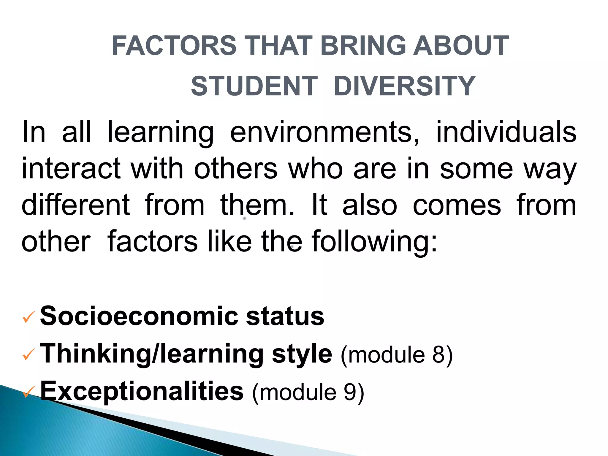 FACTORS THAT BRING ABOUT
STUDENT DIVERSITY
In all learning environments, individuals
interact with others who are in some way
different from them. It also comes from
other factors like the following:
 Socioeconomic status
 Thinking/learning style (module 8)
 Exceptionalities (module 9)
 
