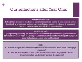 +
Our reflections afterYear One:
Benefits for students:
1) feedback is easier to read and is automatically saved online; 2) students can access
feedback in private and on their own time; 3) more positive feedback; 4) increased
perceptions of fairness with rubric; 5) more detailed
Benefits for staff:
1) No printing/scanning for retention; 2) Linked to originality check; 3) More detailed
comments with less work; 4) Library bank of comments helps to avoid repetition; 5) Easy
record of submission and return of feedback
BUT:
• At what stages will this be most useful? When do we most need to engage
students?
• Are we writing the criteria in a way that will best engage students?
• Can we involve students in writing the criteria?
 