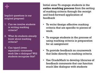 + Aims of ProjectInitial aims:To engage students in the
entire marking process from the setting
of marking criteria through the receipt
and feed-forward application of
feedback
• To write/design effective marking
criteria that are specific to pieces of
work.
• To engage students in the process of
using marking criteria in preparation
for an assignment
• To provide feedback on coursework
that links directly to marking criteria
• Use GradeMark to develop libraries of
feedback comments that can function
much like dialogue with students
Implicit questions in our
original proposal:
1. Can we involve students
in writing marking
criteria?
2. What do students already
know about marking
criteria?
3. Can typed (even
repeated!) comments
work like a dialogue? Will
students recognise this?
 