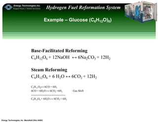 Energy Technologies, Inc. Mansfield Ohio 44902
Hydrogen Fuel Reformation System
Example – Glucose (C6H12O)6)
Base-Facilitated Reforming
C6H12O6 + 12NaOH ↔ 6Na2CO3 + 12H2
Steam Reforming
C6H12O6 + 6 H2O ↔ 6CO2 + 12H2
C6H12 O6↔ 6CO + 6H2
6CO + 6H2O ↔ 6CO2 +6H2 Gas Shift
-------------------------------------
C6H12O6 + 6H2O ↔ 6CO2 + 6H2
 