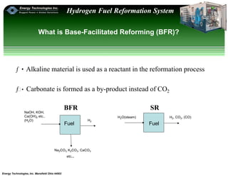 Energy Technologies, Inc. Mansfield Ohio 44902
Hydrogen Fuel Reformation System
Fuel Fuel
ƒ•Alkaline material is used as a reactant in the reformation process
ƒƒ• Carbonate is formed as a by-product instead of CO2
BFR SR
Na2CO3, K2CO3, CaCO3
etc..
NaOH, KOH,
Ca(OH)2 etc..
(H2O) H2
What is Base-Facilitated Reforming (BFR)?
H2O(steam) H2, CO2, (CO)
 
