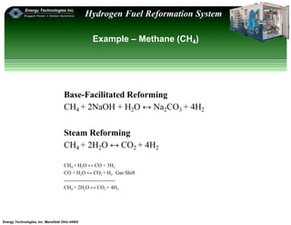 Energy Technologies, Inc. Mansfield Ohio 44902
Hydrogen Fuel Reformation System
Base-Facilitated Reforming
CH4 + 2NaOH + H2O ↔ Na2CO3 + 4H2
Steam Reforming
CH4 + 2H2O ↔ CO2 + 4H2
CH4 + H2O ↔ CO + 3H2
CO + H2O ↔ CO2 + H2 Gas Shift
------------------------------
CH4 + 2H2O ↔ CO2 + 4H2
Example – Methane (CH4)
 