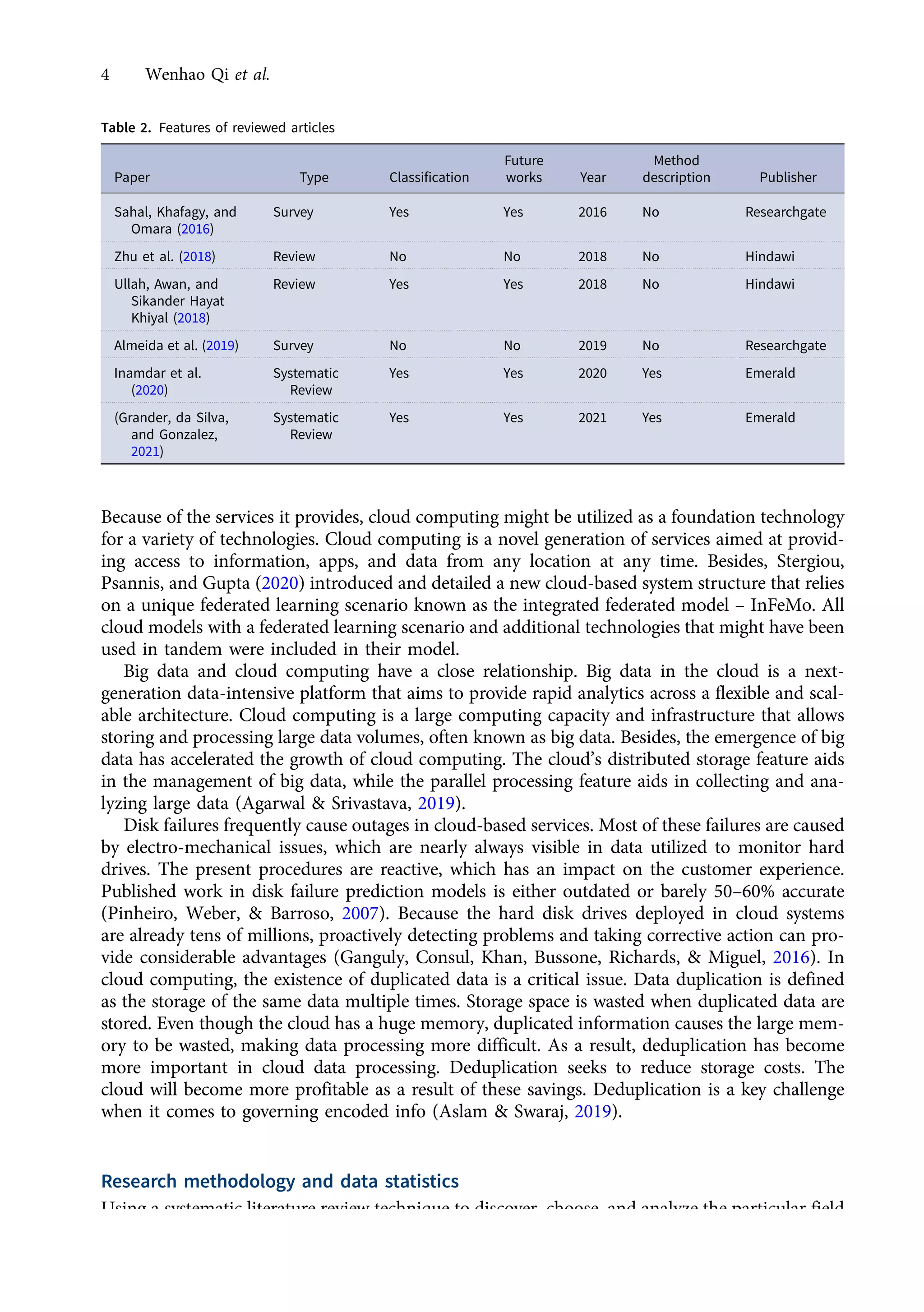 Because of the services it provides, cloud computing might be utilized as a foundation technology
for a variety of technologies. Cloud computing is a novel generation of services aimed at provid-
ing access to information, apps, and data from any location at any time. Besides, Stergiou,
Psannis, and Gupta (2020) introduced and detailed a new cloud-based system structure that relies
on a unique federated learning scenario known as the integrated federated model – InFeMo. All
cloud models with a federated learning scenario and additional technologies that might have been
used in tandem were included in their model.
Big data and cloud computing have a close relationship. Big data in the cloud is a next-
generation data-intensive platform that aims to provide rapid analytics across a flexible and scal-
able architecture. Cloud computing is a large computing capacity and infrastructure that allows
storing and processing large data volumes, often known as big data. Besides, the emergence of big
data has accelerated the growth of cloud computing. The cloud’s distributed storage feature aids
in the management of big data, while the parallel processing feature aids in collecting and ana-
lyzing large data (Agarwal & Srivastava, 2019).
Disk failures frequently cause outages in cloud-based services. Most of these failures are caused
by electro-mechanical issues, which are nearly always visible in data utilized to monitor hard
drives. The present procedures are reactive, which has an impact on the customer experience.
Published work in disk failure prediction models is either outdated or barely 50–60% accurate
(Pinheiro, Weber, & Barroso, 2007). Because the hard disk drives deployed in cloud systems
are already tens of millions, proactively detecting problems and taking corrective action can pro-
vide considerable advantages (Ganguly, Consul, Khan, Bussone, Richards, & Miguel, 2016). In
cloud computing, the existence of duplicated data is a critical issue. Data duplication is defined
as the storage of the same data multiple times. Storage space is wasted when duplicated data are
stored. Even though the cloud has a huge memory, duplicated information causes the large mem-
ory to be wasted, making data processing more difficult. As a result, deduplication has become
more important in cloud data processing. Deduplication seeks to reduce storage costs. The
cloud will become more profitable as a result of these savings. Deduplication is a key challenge
when it comes to governing encoded info (Aslam & Swaraj, 2019).
Research methodology and data statistics
Using a systematic literature review technique to discover, choose, and analyze the particular field
of study has recently received much attention (Esmailiyan, Amerizadeh, Vahdat, Ghodsi, Doewes,
Table 2. Features of reviewed articles
Paper Type Classification
Future
works Year
Method
description Publisher
Sahal, Khafagy, and
Omara (2016)
Survey Yes Yes 2016 No Researchgate
Zhu et al. (2018) Review No No 2018 No Hindawi
Ullah, Awan, and
Sikander Hayat
Khiyal (2018)
Review Yes Yes 2018 No Hindawi
Almeida et al. (2019) Survey No No 2019 No Researchgate
Inamdar et al.
(2020)
Systematic
Review
Yes Yes 2020 Yes Emerald
(Grander, da Silva,
and Gonzalez,
2021)
Systematic
Review
Yes Yes 2021 Yes Emerald
4 Wenhao Qi et al.
https://doi.org/10.1017/jmo.2022.17
Downloaded from https://www.cambridge.org/core, on subject to the Cambridge Core terms of use, available at https://www.cambridge.org/core/terms.
 
