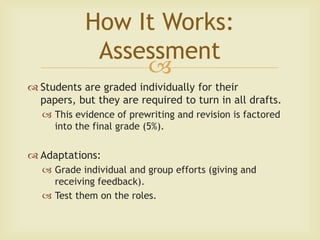 How It Works:
             Assessment
                 
 Students are graded individually for their
  papers, but they a...