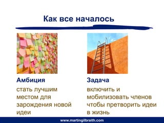 Как все началось




Амбиция                   Задача
стать лучшим              включить и
местом для                мобилизовать членов
зарождения новой          чтобы претворить идеи
идеи                      в жизнь
            www.martingilbraith.com
 