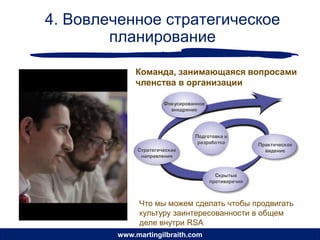 4. Вовлеченное стратегическое
        планирование

            Команда, занимающаяся вопросами
            членства в организации




             Что мы можем сделать чтобы продвигать
             культуру заинтересованности в общем
             деле внутри RSA
        www.martingilbraith.com
 