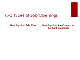 Two Types of Job Openings

  Openings that Exist Now   Openings that Are Created for
                                the Right Candidate
 