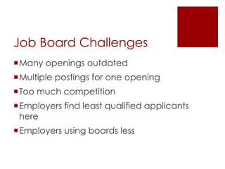 Job Board Challenges
Many openings outdated
Multiple postings for one opening
Too much competition
Employers find least qualified applicants
 here
Employers using boards less
 