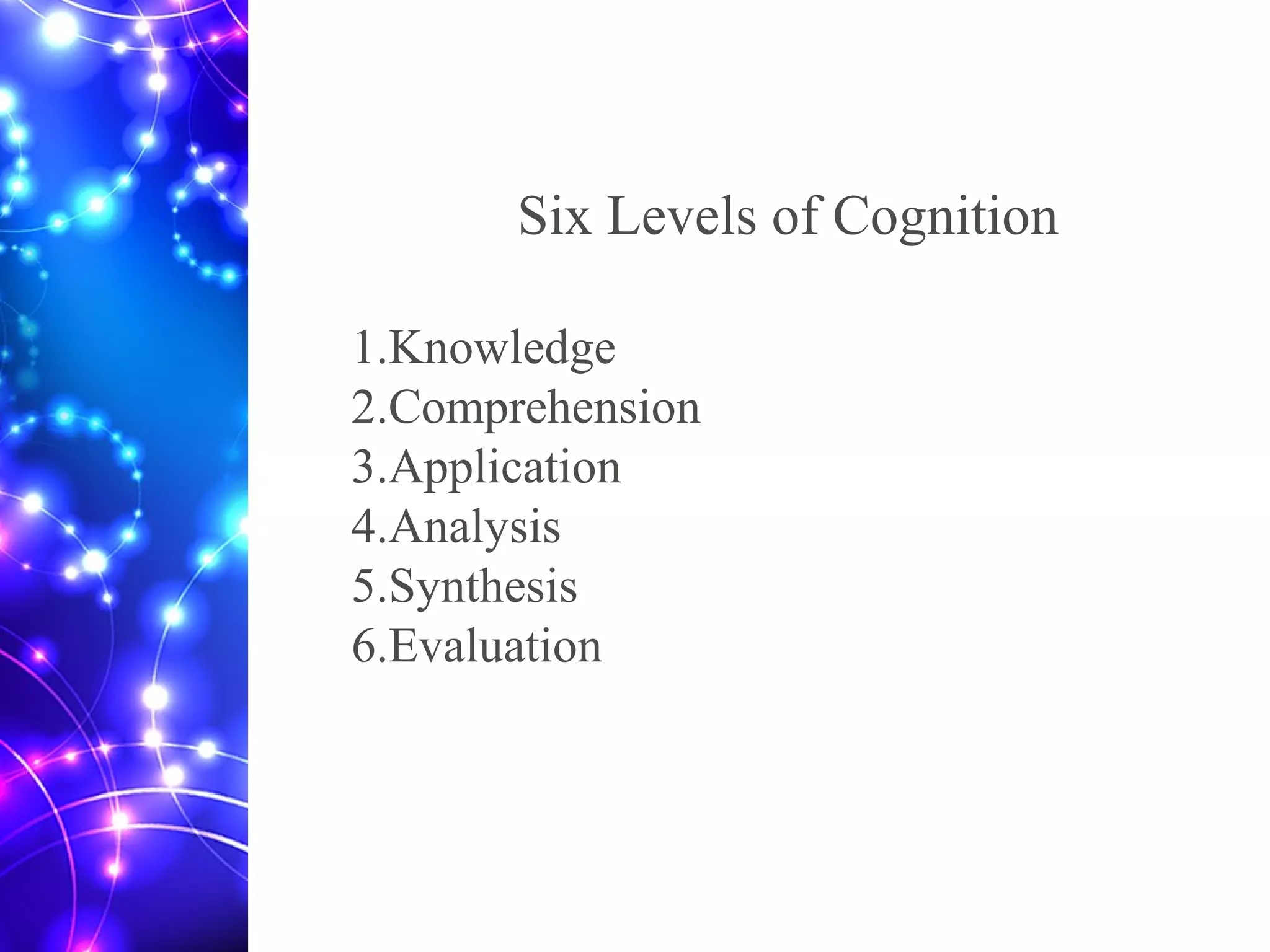 Six Levels of Cognition
1.Knowledge
2.Comprehension
3.Application
4.Analysis
5.Synthesis
6.Evaluation
 