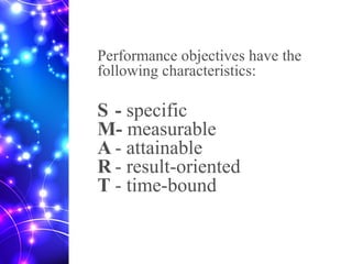 Performance objectives have the
following characteristics:
S - specific
M- measurable
A - attainable
R - result-oriented
T - time-bound
 