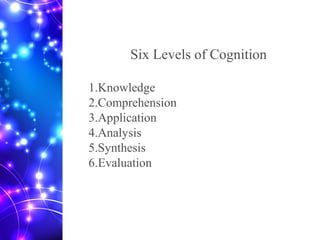 Six Levels of Cognition
1.Knowledge
2.Comprehension
3.Application
4.Analysis
5.Synthesis
6.Evaluation
 