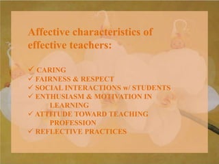 Affective characteristics of
effective teachers:
 CARING
 FAIRNESS & RESPECT
 SOCIAL INTERACTIONS w/ STUDENTS
 ENTHUSIASM & MOTIVATION IN
LEARNING
 ATTITUDE TOWARD TEACHING
PROFESSION
 REFLECTIVE PRACTICES
 