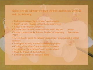 Parents who are supportive of their children's learning are observed
to do the following:
 Follow-up status of their children's performance
 Supervise their children in their homework/project
 Check their children's notebooks
 Review their children's corrected seat works and test papers
 Attend conferences for Parents, Teacher's Community Association
(PTCA)
 Are willing to spend on children's project and involvement in school
activities
 Participate actively in school-community projects
 Confer with children's teachers when necessary
 Are aware of their children's activities in school
 Meet the friends of their children
 Invite their children's friends at home
 