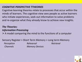 COGNITIVE PERSPECTIVE TTHEORIES
Cognitive learning theories relate to processes that occur within the
minds of learners. The cognitive view sees people as active learners
who initiate experiences, seek out information to solve problems
and re-organize what they already know to achieve new insights.
The Theories:
Information Processing
A model comparing the mind to the functions of a computer
Sensory Register > Short Term Memory > Long term Memory
Perception Rehearsal Retrieval
Channels Memory Devices
 