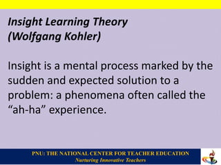 PNU: THE NATIONAL CENTER FOR TEACHER EDUCATION
Nurturing Innovative Teachers
Insight Learning Theory
(Wolfgang Kohler)
Insight is a mental process marked by the
sudden and expected solution to a
problem: a phenomena often called the
“ah-ha” experience.
 