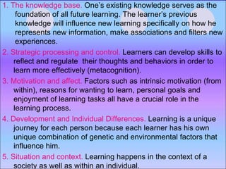 1. The knowledge base. One’s existing knowledge serves as the
foundation of all future learning. The learner’s previous
knowledge will influence new learning specifically on how he
represents new information, make associations and filters new
experiences.
2. Strategic processing and control. Learners can develop skills to
reflect and regulate their thoughts and behaviors in order to
learn more effectively (metacognition).
3. Motivation and affect. Factors such as intrinsic motivation (from
within), reasons for wanting to learn, personal goals and
enjoyment of learning tasks all have a crucial role in the
learning process.
4. Development and Individual Differences. Learning is a unique
journey for each person because each learner has his own
unique combination of genetic and environmental factors that
influence him.
5. Situation and context. Learning happens in the context of a
society as well as within an individual.
 