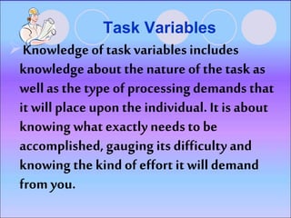 Task Variables
Knowledge of task variables includes
knowledge about the nature of the task as
wellas the type of processing demands that
it will place upon the individual. It is about
knowing what exactly needs to be
accomplished, gauging its difficulty and
knowing the kind of effort it will demand
from you.
 