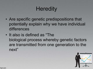 Heredity
• Are specific genetic predispositions that
potentially explain why we have individual
differences
• It also is defined as “The
biological process whereby genetic factors
are transmitted from one generation to the
next”
 