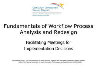 Fundamentals of Workflow Process
     Analysis and Redesign
                     Facilitating Meetings for
                    Implementation Decisions

  This material Comp10_Unit7 was developed by Duke University, funded by the Department of Health and Human Services,
             Office of the National Coordinator for Health Information Technology under Award Number IU24OC000024.
 