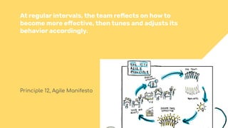 At regular intervals, the team reﬂects on how to
become more eﬀective, then tunes and adjusts its
behavior accordingly.
Principle 12, Agile Manifesto
 