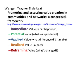 <ul><li>Wenger, Trayner & de Laat  Promoting and assessing value creation in communities and networks: a conceptual framew...