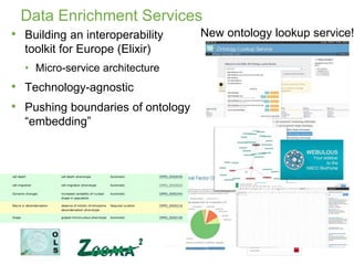 Data Enrichment Services
• Building an interoperability
toolkit for Europe (Elixir)
• Micro-service architecture
• Technology-agnostic
• Pushing boundaries of ontology
“embedding”
New ontology lookup service!
 